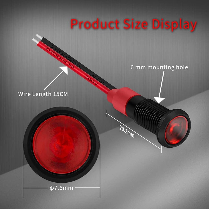 DAIERTEK 1/4" 12 Volt LED Indicator Light 6mm 12V Red Pilot Lamp IP67 Waterproof Aluminum Metal Material Marine Black Bezel with Wire Leads-10pcs (Pack of 2) - Image 3